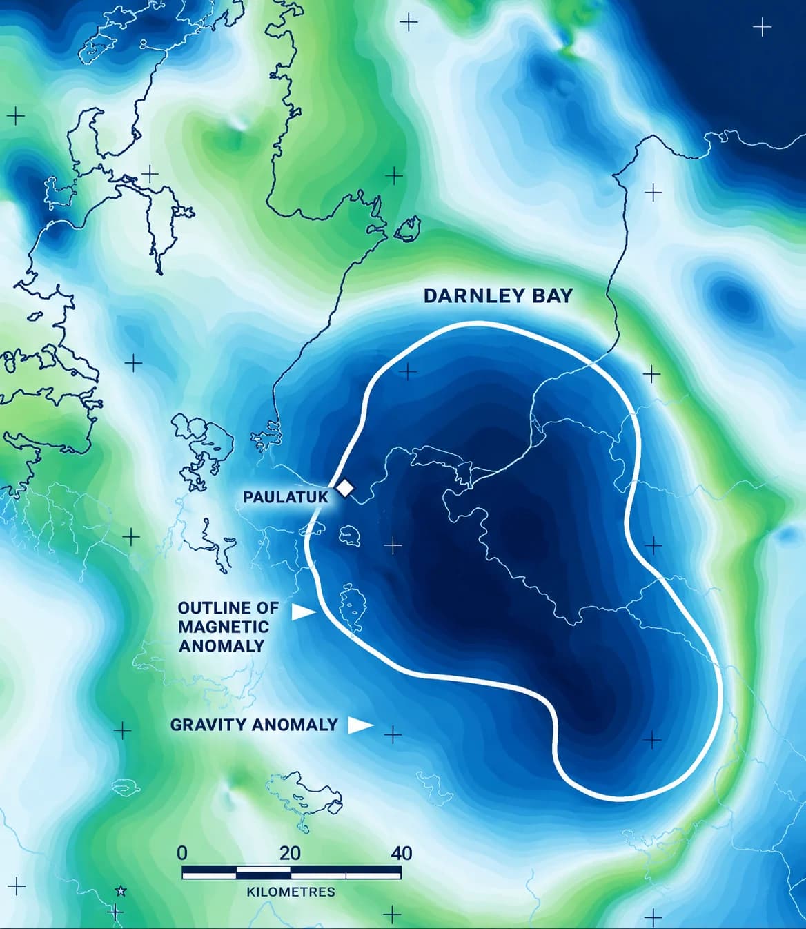 Gravity map of the Darnley Bay anomaly, showing the outline of the magnetic anomaly and the hamlet of Paulatuk